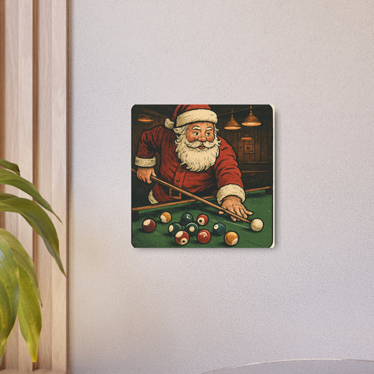Vintage Santa Playing Pool Metal Sign – Retro Christmas Game Room Decor