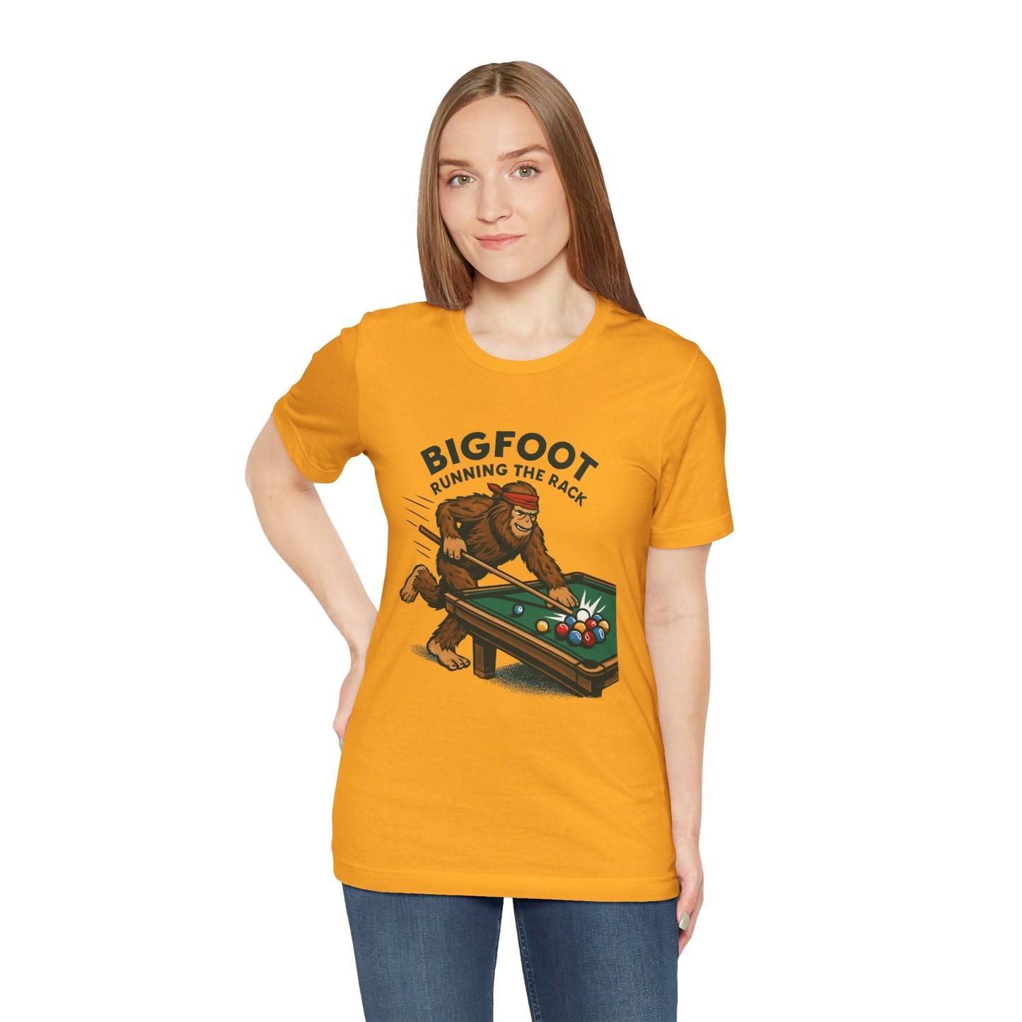 Bigfoot Pool Shark T‑Shirt — "Bigfoot Running the Rack" Billiards Tee