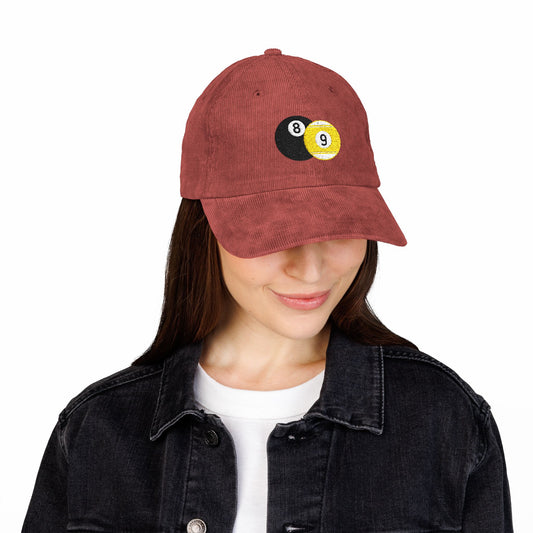 Corduroy Baseball Cap — Embroidered 8 & 9 Pool Balls Vintage Hat