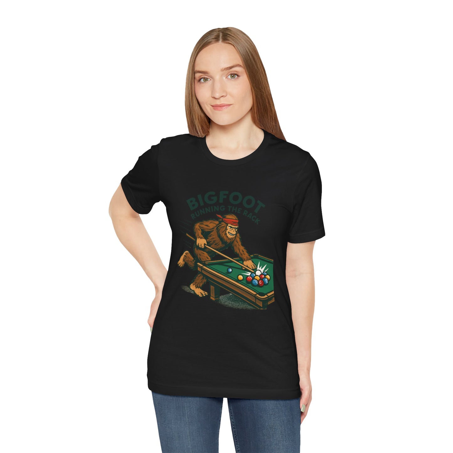 Bigfoot Pool Shark T‑Shirt — "Bigfoot Running the Rack" Billiards Tee