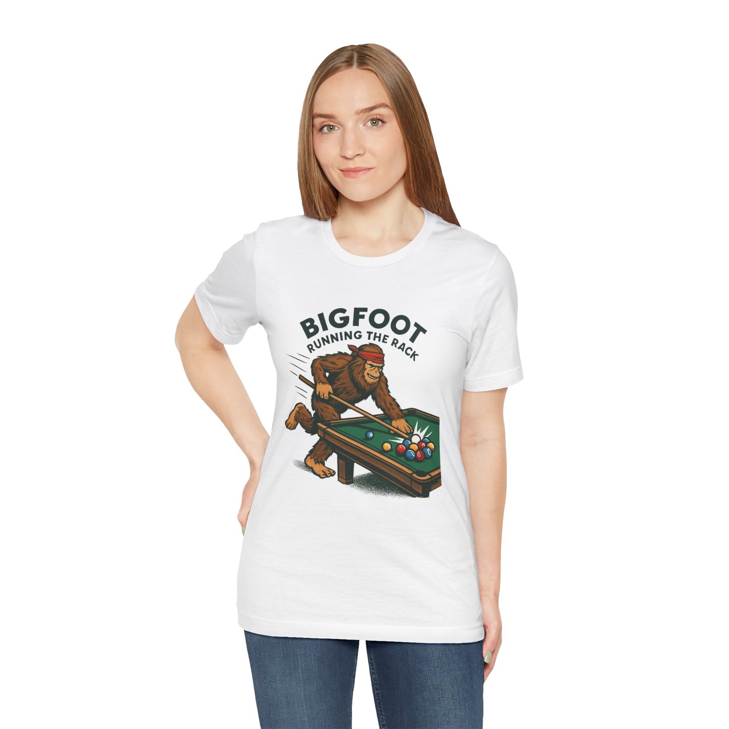 Bigfoot Pool Shark T‑Shirt — "Bigfoot Running the Rack" Billiards Tee