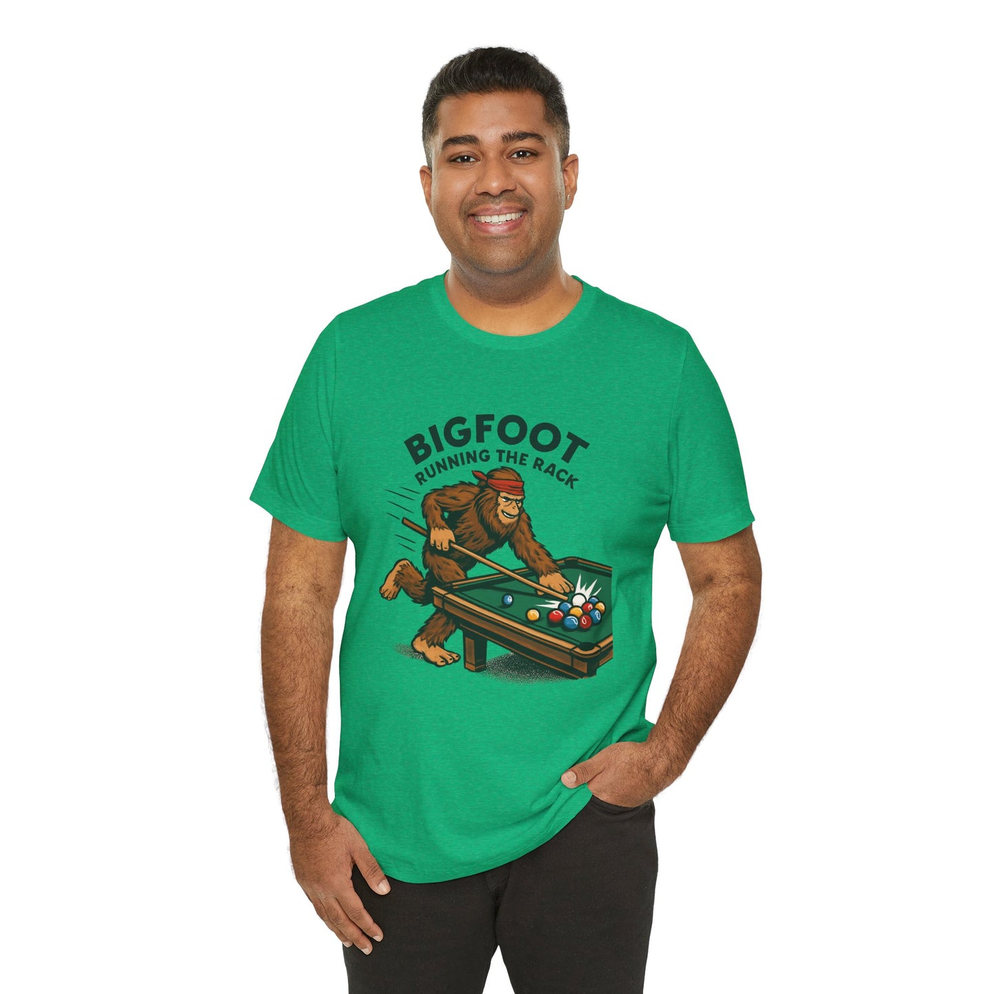 Bigfoot Pool Shark T‑Shirt — "Bigfoot Running the Rack" Billiards Tee