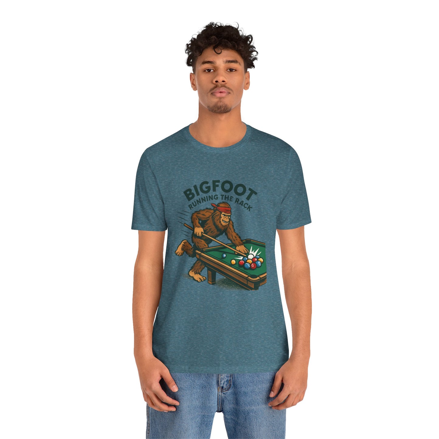 Bigfoot Pool Shark T‑Shirt — "Bigfoot Running the Rack" Billiards Tee