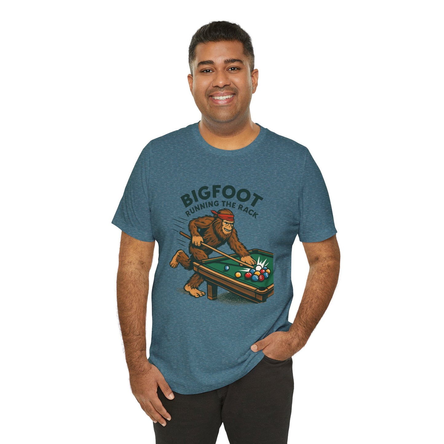 Bigfoot Pool Shark T‑Shirt — "Bigfoot Running the Rack" Billiards Tee