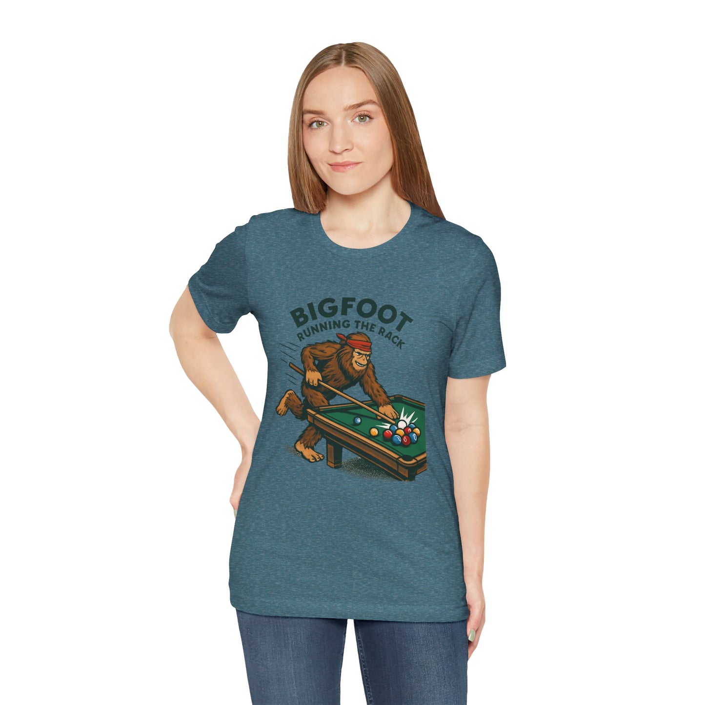 Bigfoot Pool Shark T‑Shirt — "Bigfoot Running the Rack" Billiards Tee