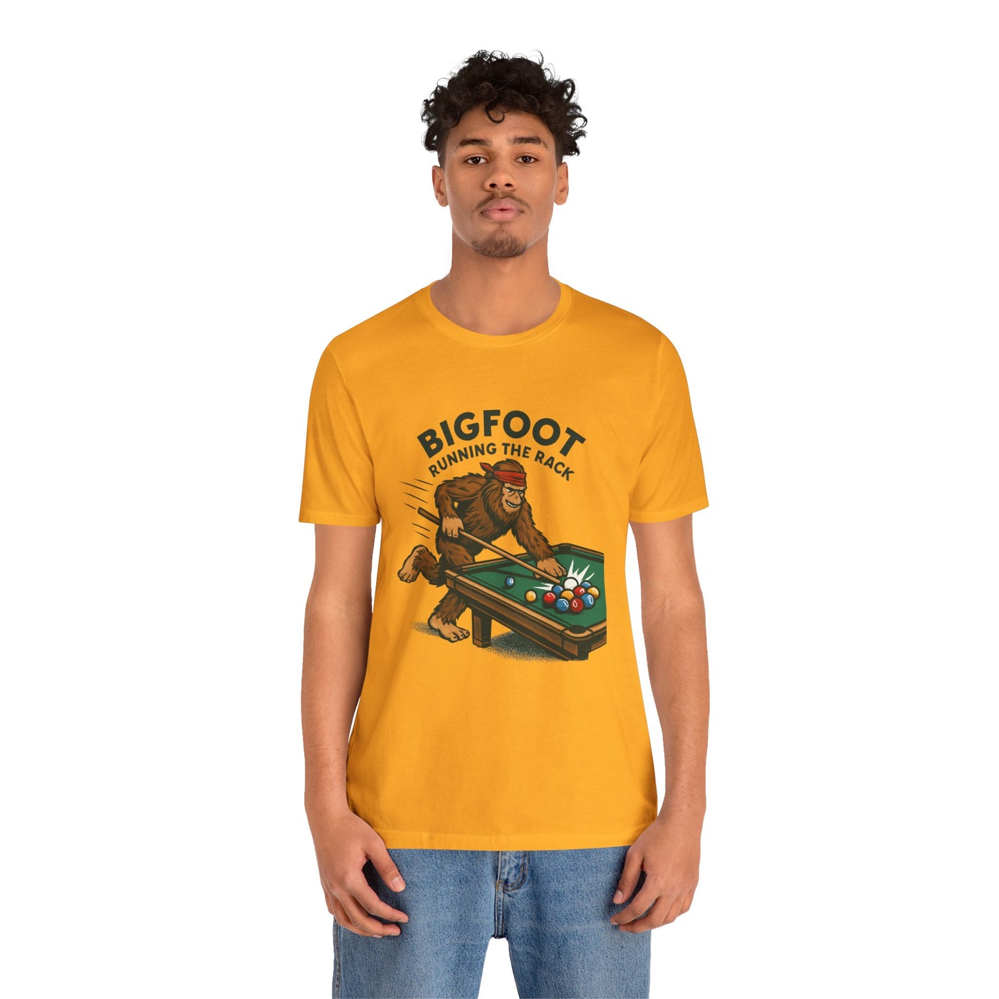 Bigfoot Pool Shark T‑Shirt — "Bigfoot Running the Rack" Billiards Tee