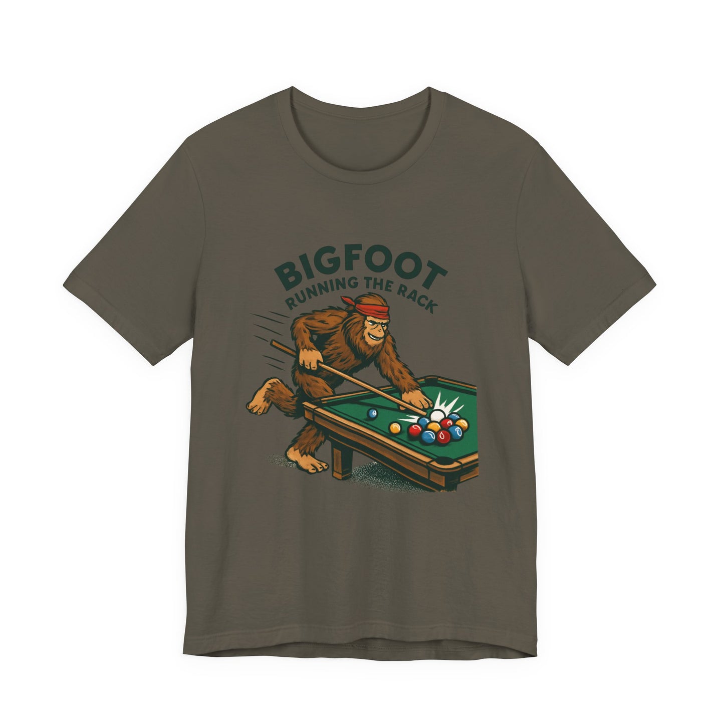 Bigfoot Pool Shark T‑Shirt — "Bigfoot Running the Rack" Billiards Tee