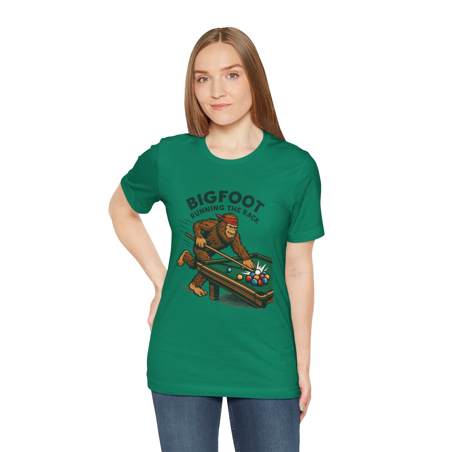 Bigfoot Pool Shark T‑Shirt — "Bigfoot Running the Rack" Billiards Tee