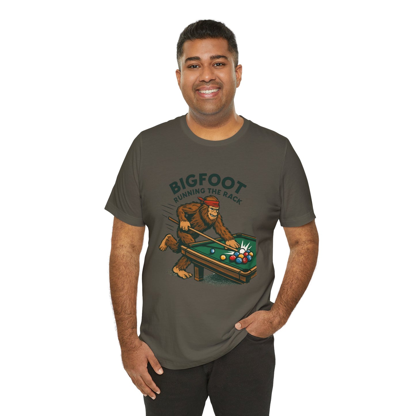 Bigfoot Pool Shark T‑Shirt — "Bigfoot Running the Rack" Billiards Tee