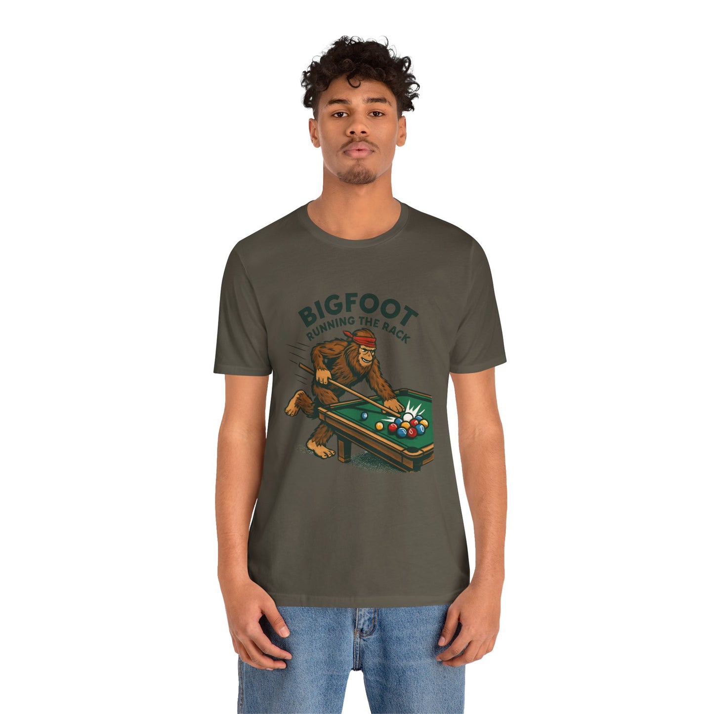 Bigfoot Pool Shark T‑Shirt — "Bigfoot Running the Rack" Billiards Tee