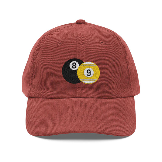 Corduroy Baseball Cap — Embroidered 8 & 9 Pool Balls Vintage Hat