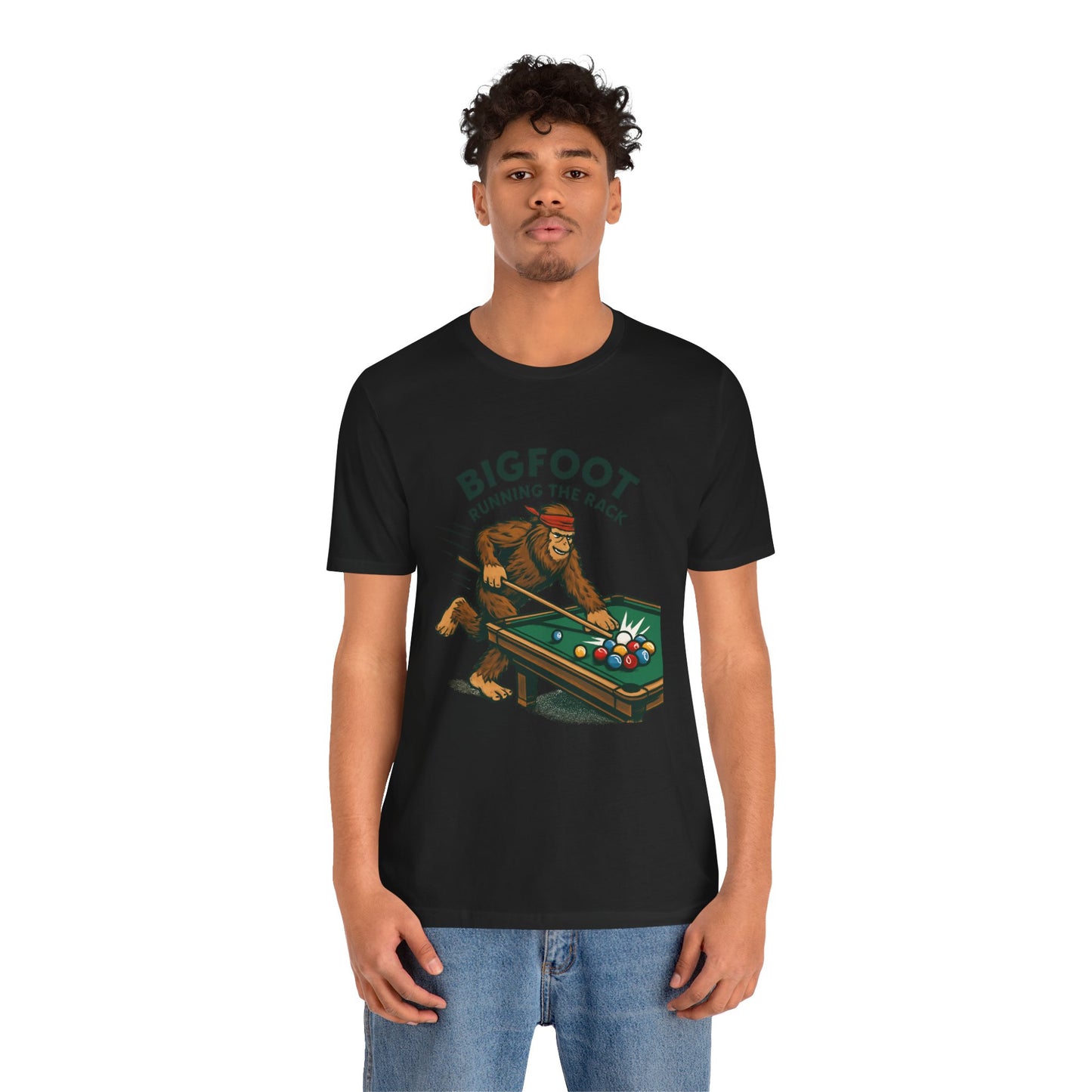 Bigfoot Pool Shark T‑Shirt — "Bigfoot Running the Rack" Billiards Tee
