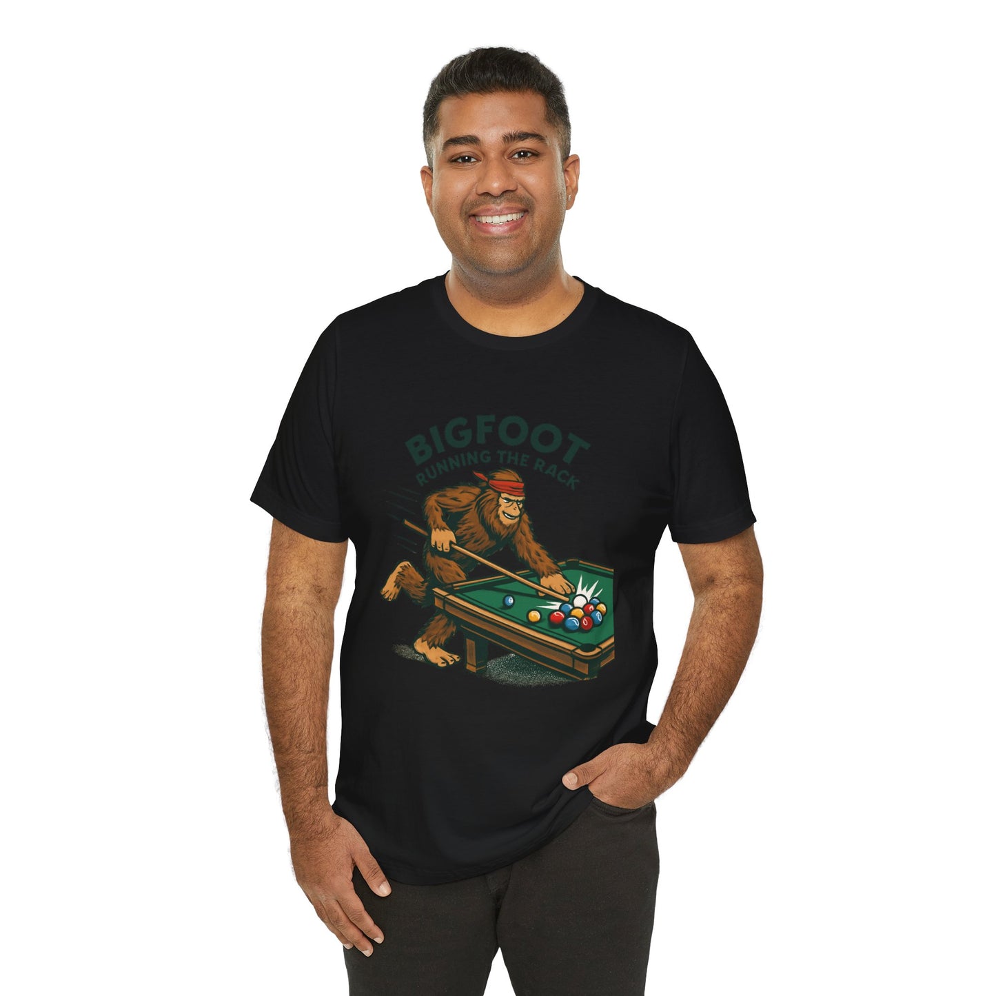 Bigfoot Pool Shark T‑Shirt — "Bigfoot Running the Rack" Billiards Tee