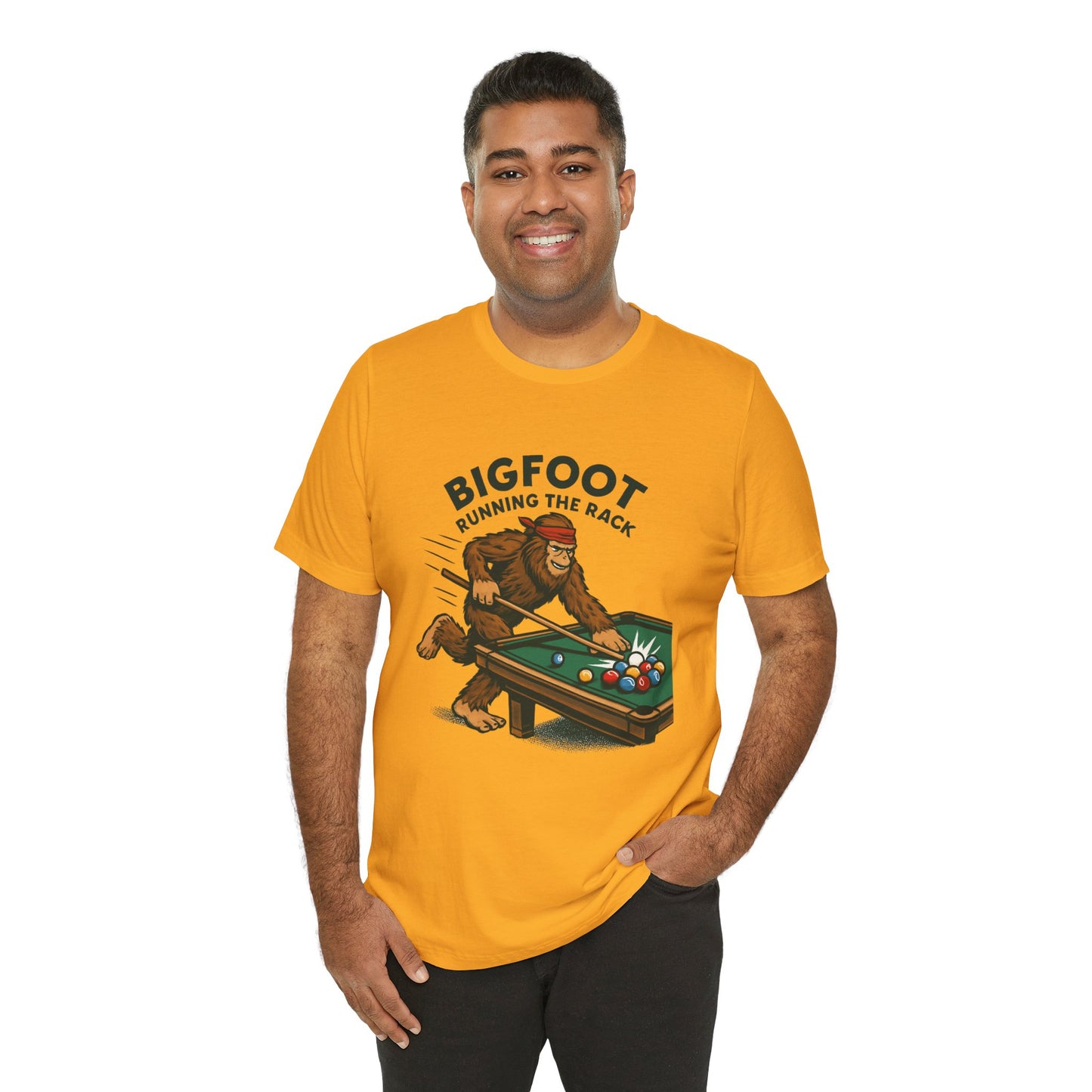 Bigfoot Pool Shark T‑Shirt — "Bigfoot Running the Rack" Billiards Tee