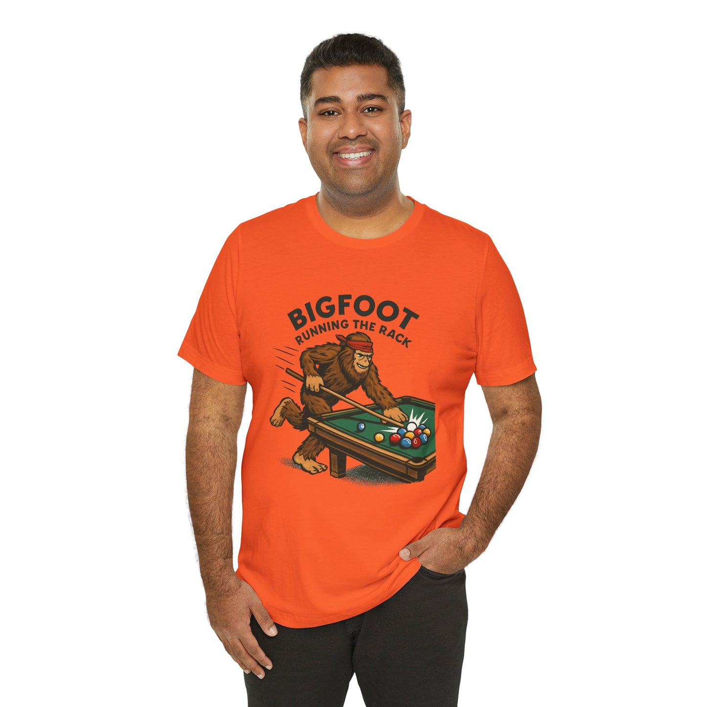 Bigfoot Pool Shark T‑Shirt — "Bigfoot Running the Rack" Billiards Tee