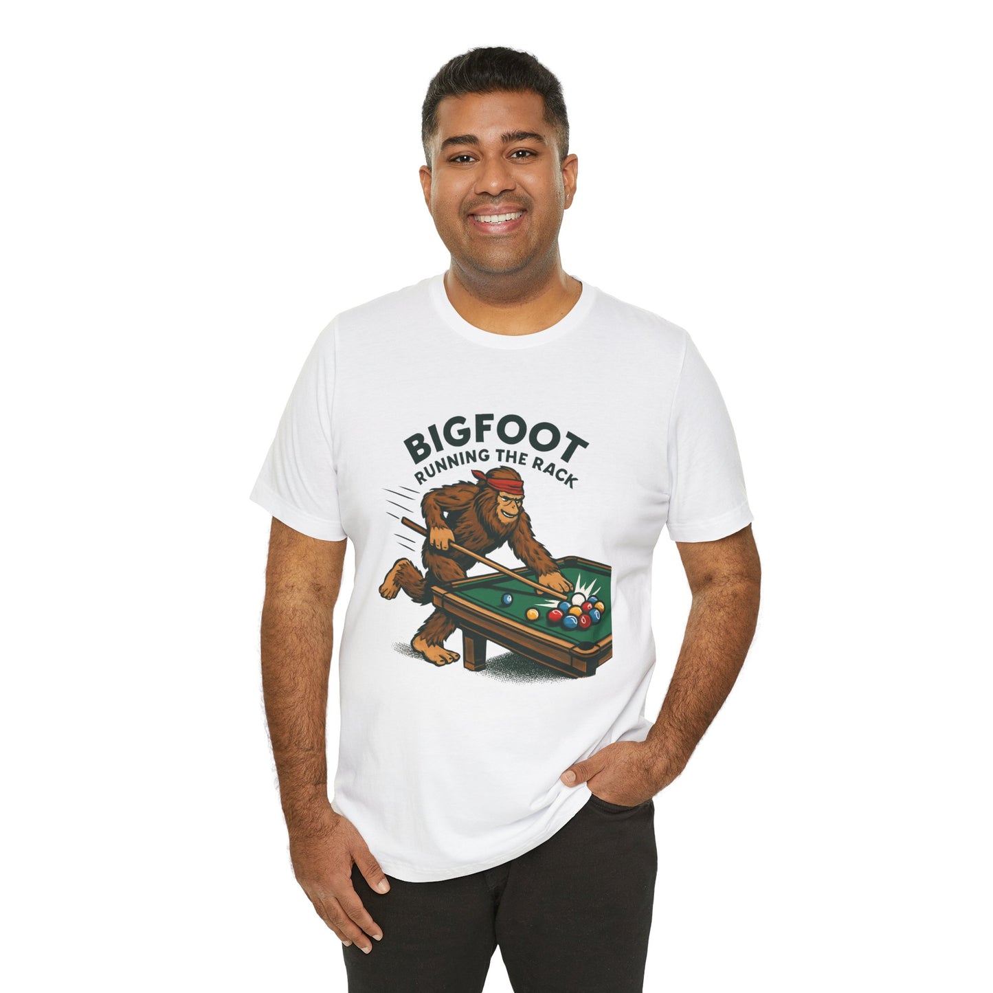 Bigfoot Pool Shark T‑Shirt — "Bigfoot Running the Rack" Billiards Tee