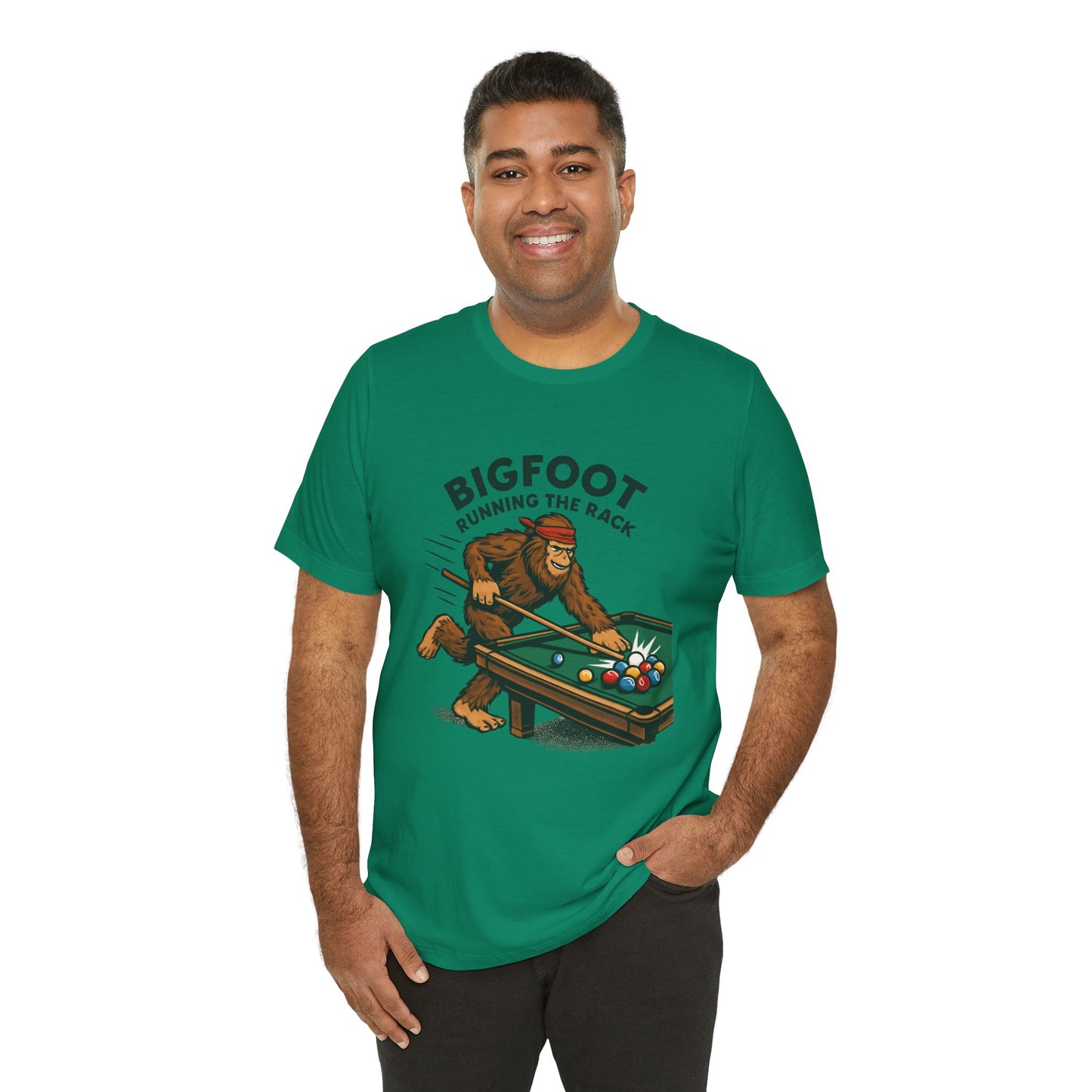 Bigfoot Pool Shark T‑Shirt — "Bigfoot Running the Rack" Billiards Tee